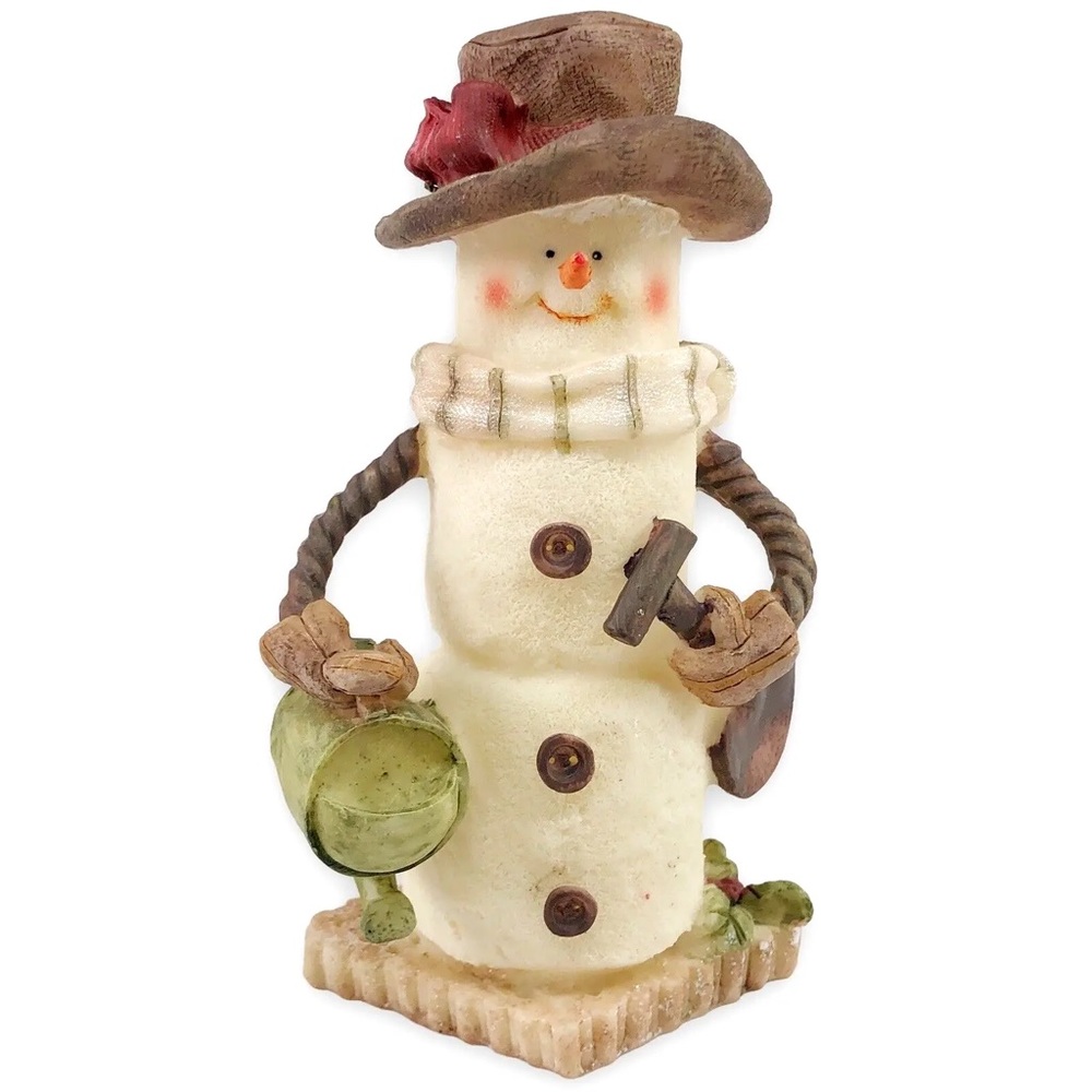 Vtg Marshmallow Snowman Figurine Christmas Gardening Watering Can Red Bow Hat